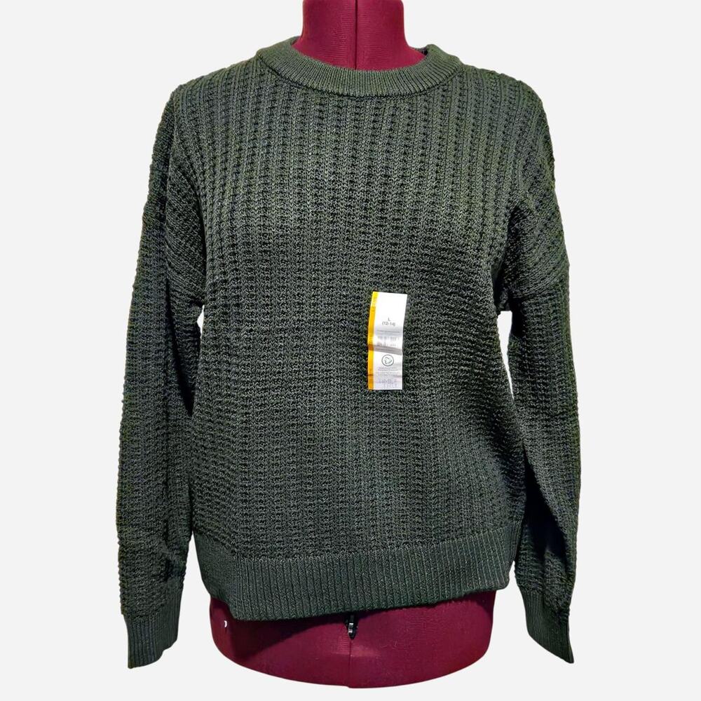 Green waffle knit polyester sweater